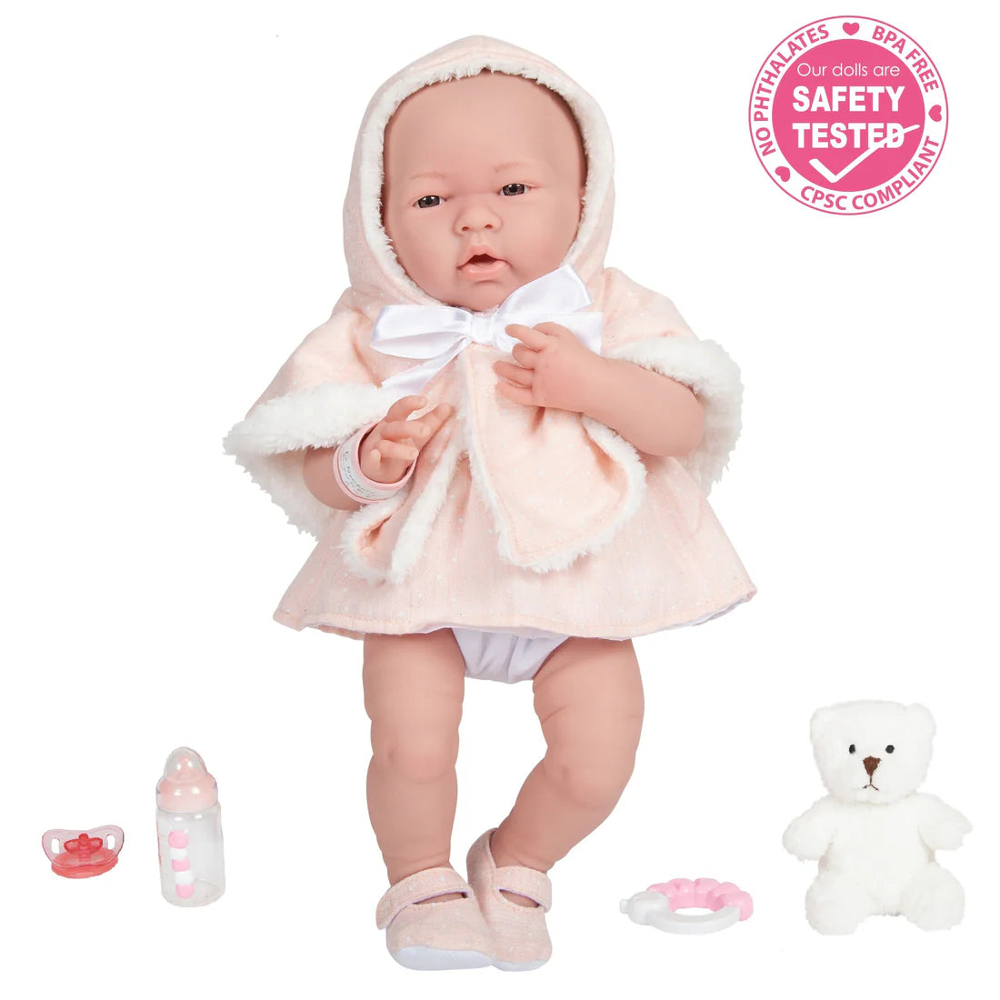 Original Handcrafted in Spain La Newborn Doll in Pink Coat and Outfit with Teddy Bear