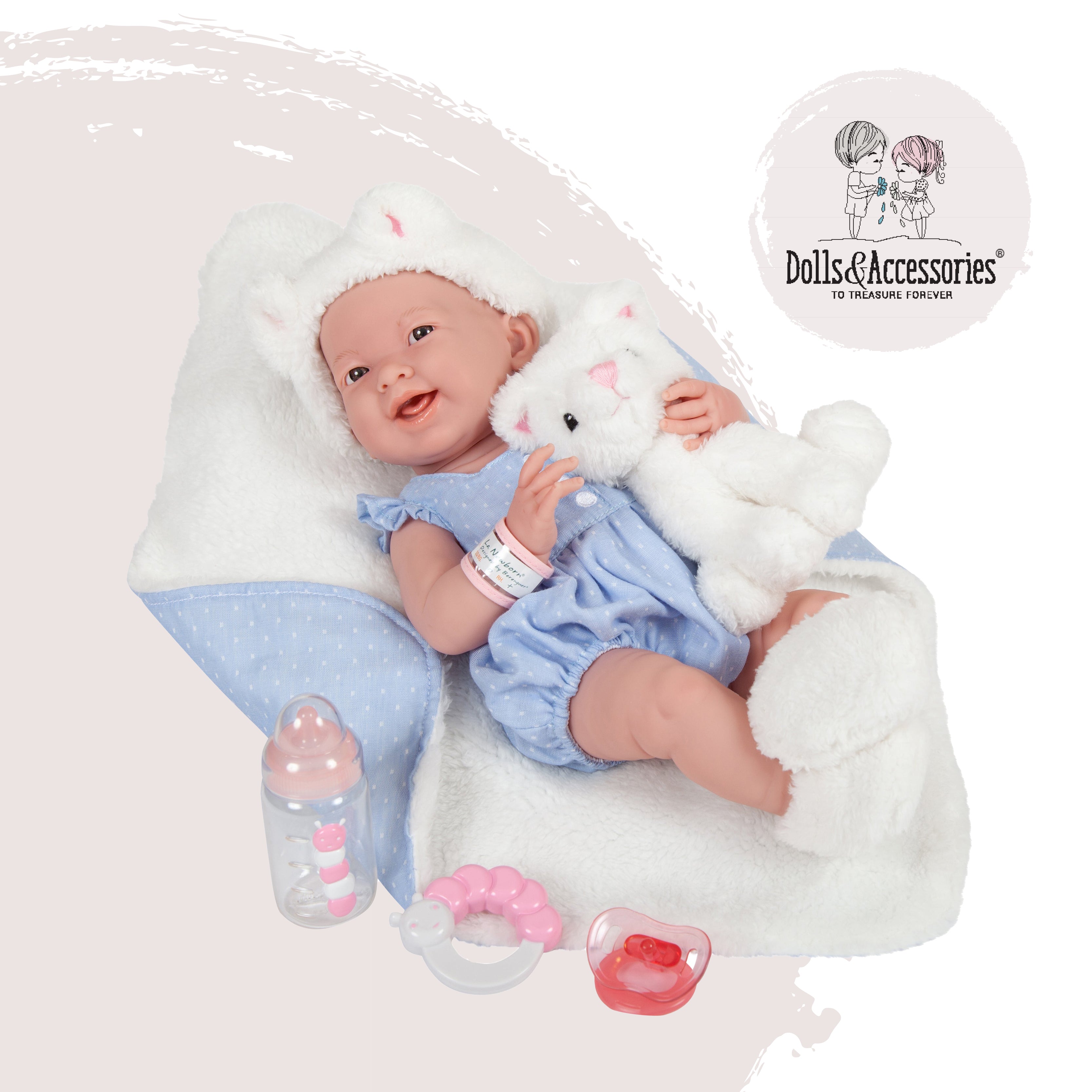 Original Handcrafted in Spain La Newborn All-Vinyl Real Girl Baby Doll Blue Coat Deluxe Set