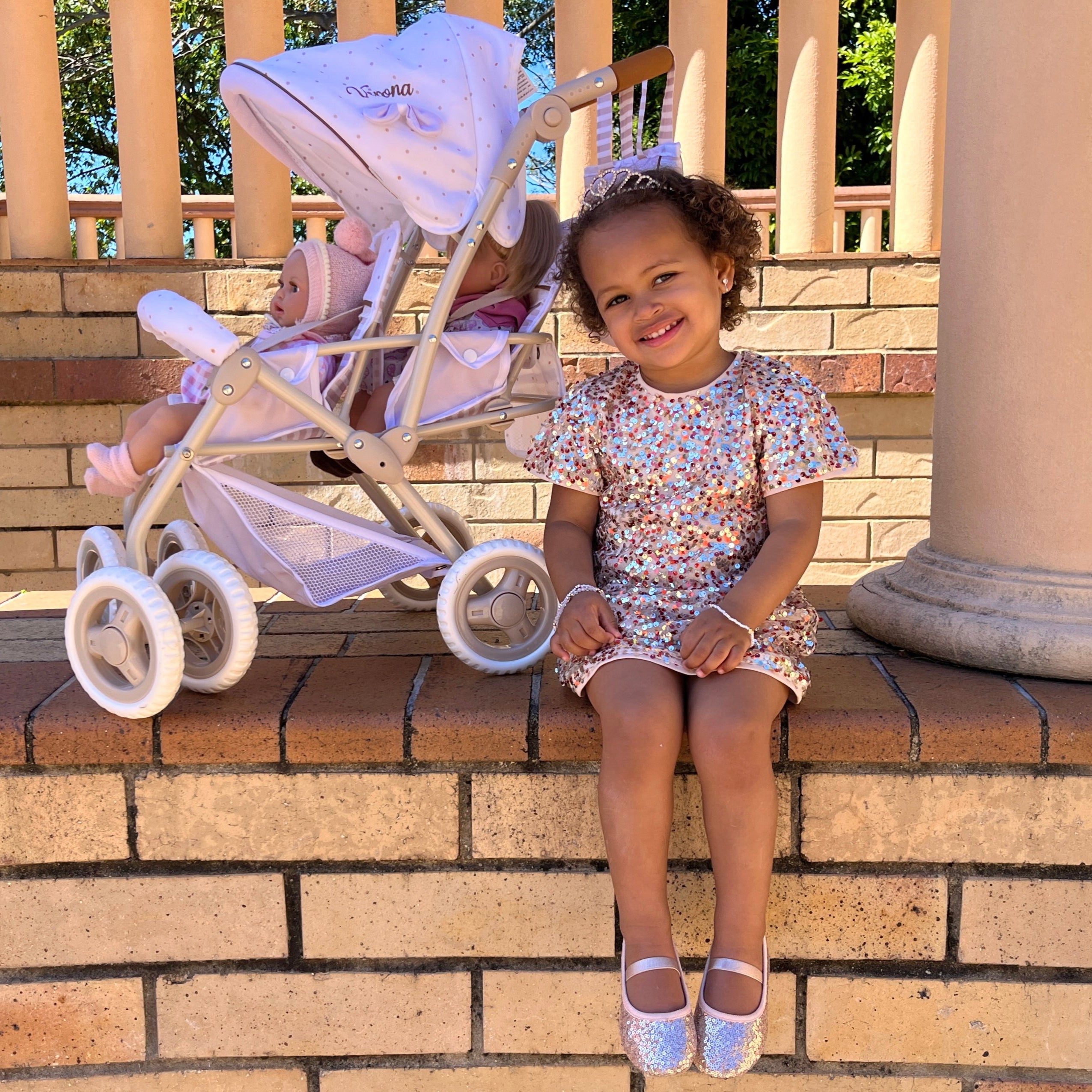 DeCuevas Toys Verona Folding Twin Doll Pram with Bag