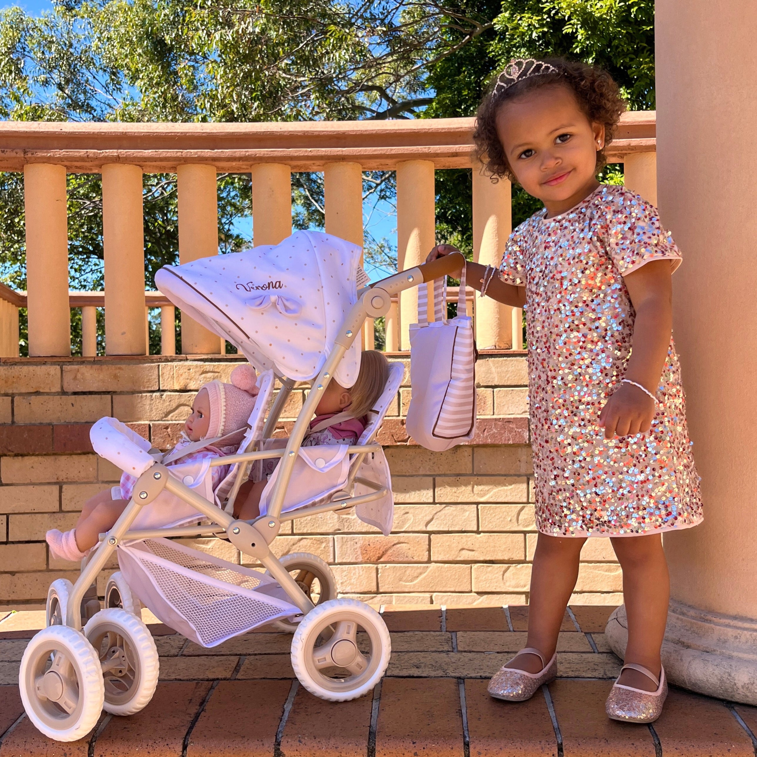 DeCuevas Toys Verona Folding Twin Doll Pram with Bag
