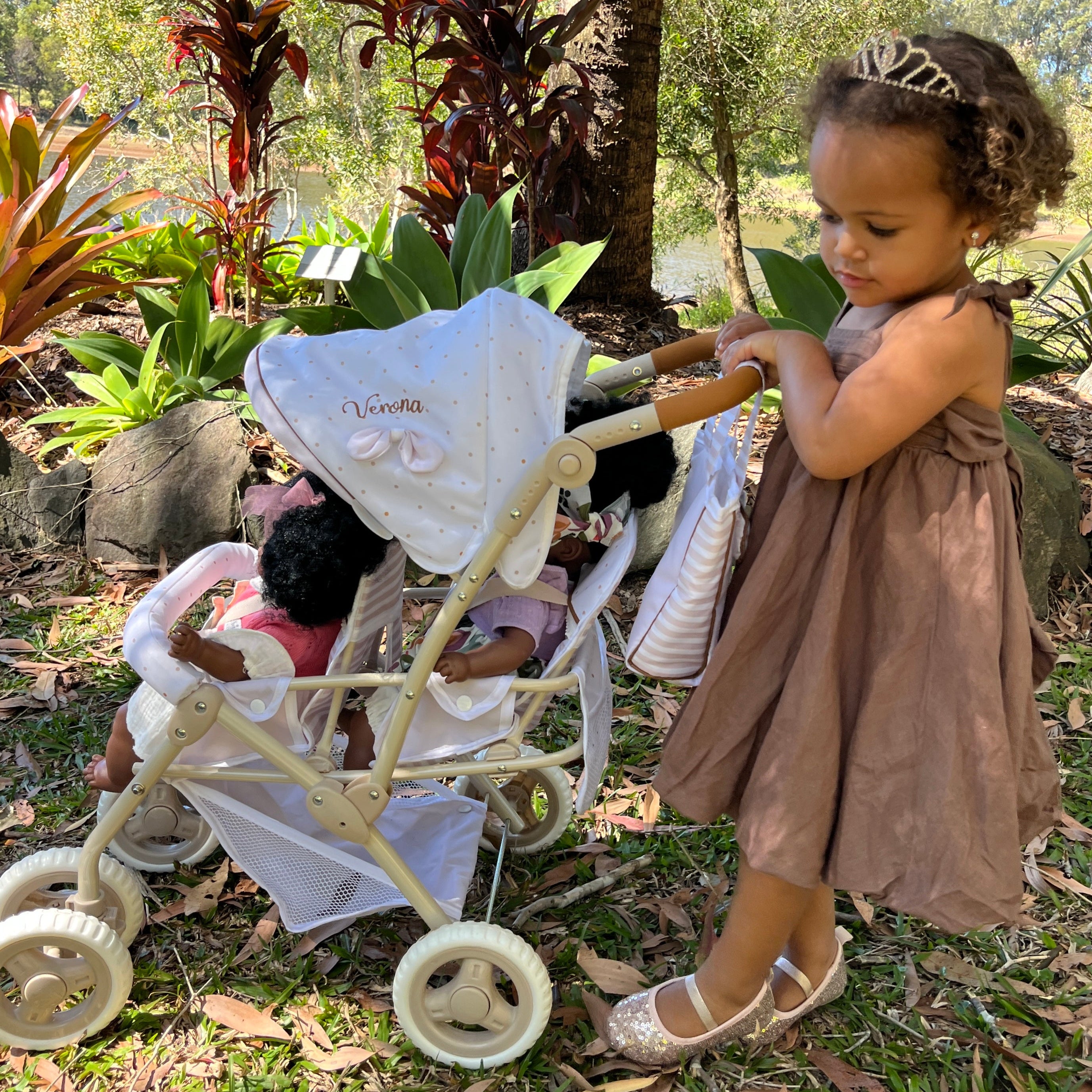 DeCuevas Toys Verona Folding Twin Doll Pram with Bag