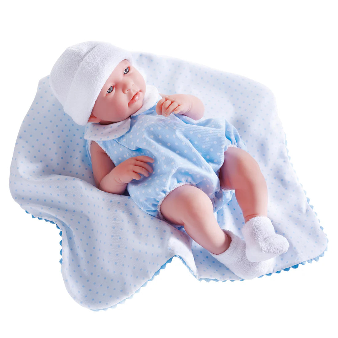 Original Handcrafted in Spain La Newborn All-Vinyl Real Boy Baby Doll-Blue Bubble Suit & Blanket
