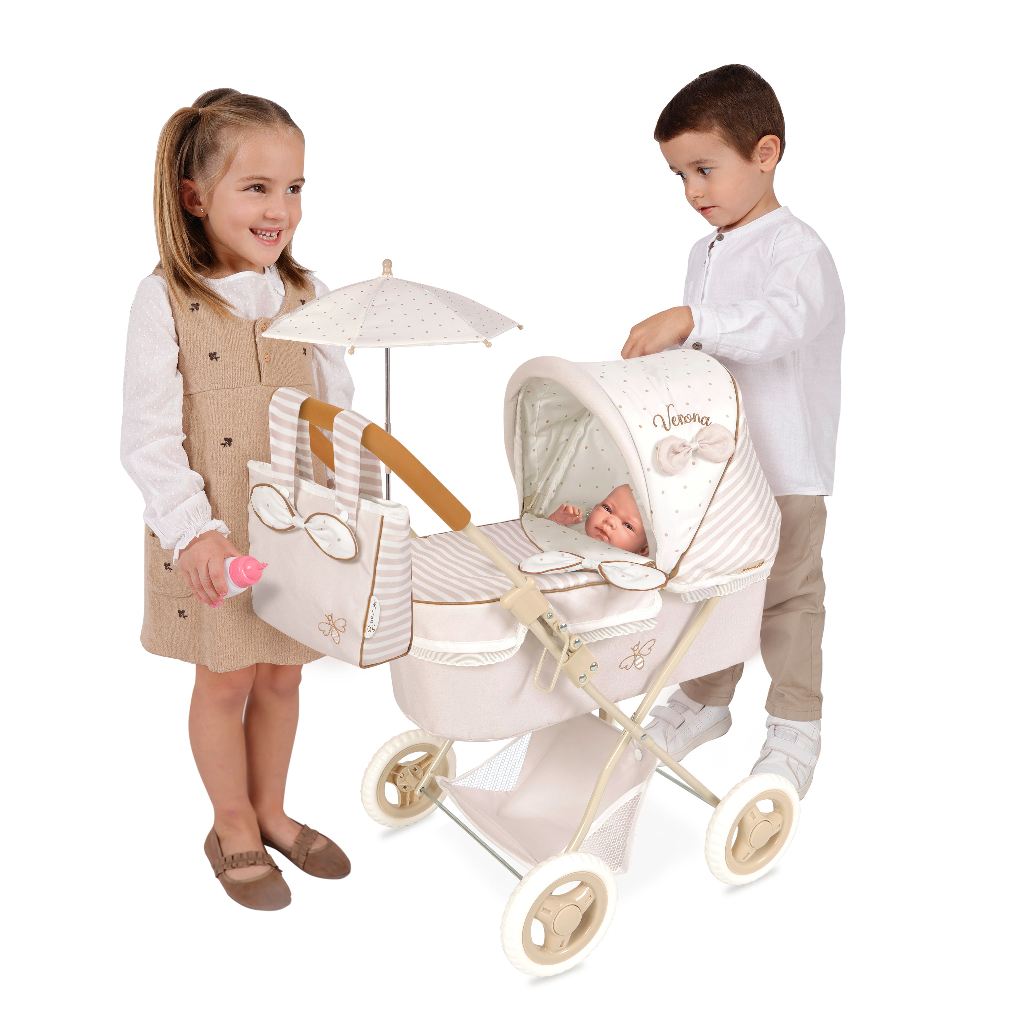 DeCuevas Toys Verona Folding Doll Pram with Parasol Dolls and Accessories