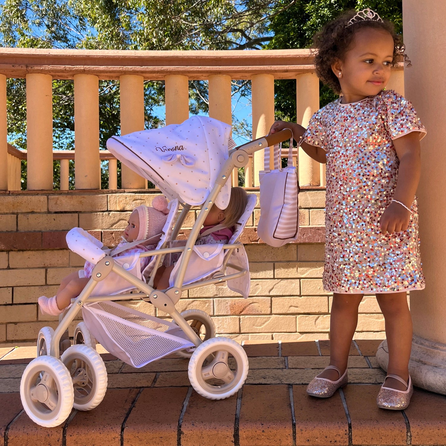 DeCuevas Toys Verona Folding Twin Doll Pram with Bag – Dolls and