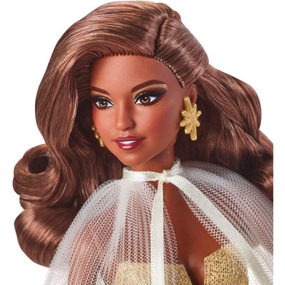Holiday 2023 Barbie Doll, Seasonal Collector Gift, Golden Gown And Dark Brown Hair