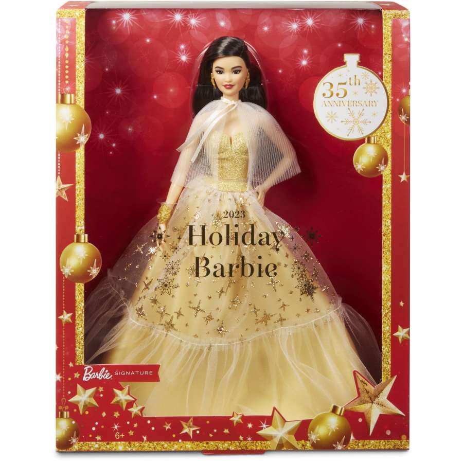Holiday 2023 Barbie Doll, Seasonal Collector Gift, Golden Gown And Black Hair